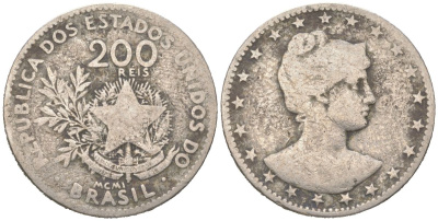 Бразилия 200 реалов 1901 MCMI, голова свободы вправо KM 504 медно-никель 4612-214