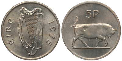 ИРЛАНДИЯ 5 ПЕНСОВ 1975 БЫК KM 22 медно-никель UNC 51-336