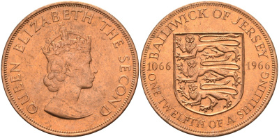 Джерси 1/12 шиллинга 1966 900 лет Нормандскому завоеванию KM 26 бронза UNC 4367-343