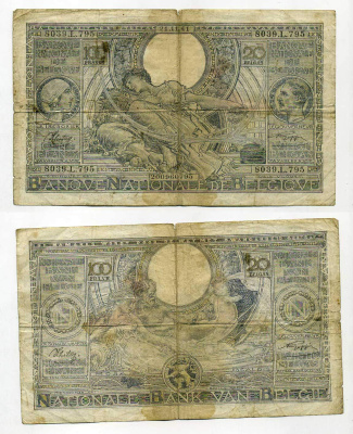 БЕЛЬГИЯ 100 ФРАНКОВ = 20 БЕЛЬГАС 1941 Pick 107 бумага 6289-50-1-1