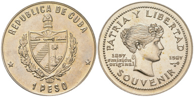 Куба 1 песо 1987 90 лет "сувенирного" песо KM 165 медно-никель UNC 4165-1116
