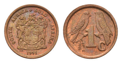 ЮАР 1 цент 1991 герб, капские воробьи KM 132 сталь плакированная медью aUNC 4690-1258