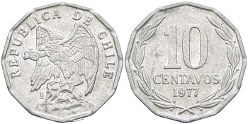 Чили 10 сентаво 1977 KM 205a алюминий 4402-411