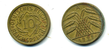 ГЕРМАНИЯ 10 РЕЙХСПФЕННИГОВ 1929 A, KM 40, J. 317 алюминиевая бронза 54-535