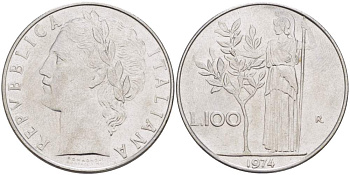 ИТАЛИЯ 100 ЛИР 1974 R, АФИНА, ДИАМЕТР 28 ММ. KM 96.1 нержавеющая сталь 4394-711