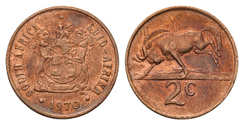 ЮАР 2 цента 1970 герб, антилопа гну KM 83 бронза 4114-633