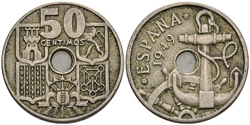 Испания 50 сентимо 1949 (52) Франсиско Франко (1939-1975) KM 777 медно-никель 4604-531