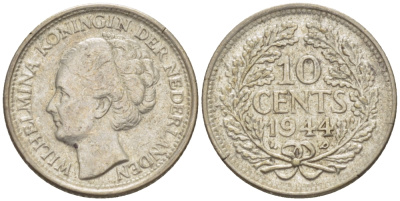 Нидерланды 10 центов 1944 Вильгельмина (1890-1948) KM 163 серебро aUNC 66-1244