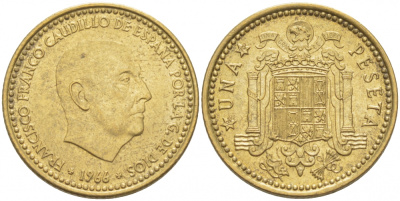 ИСПАНИЯ 1 ПЕСЕТА 1966 (70) ФРАНСИСКО ФРАНКО ДИКТАТОР ИСПАНИИ (1939-1975) КМ 796 алюминиевая бронза 87-1446