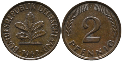 ФРГ 2 пфеннига 1962 J KM 106, J. 381 бронза 99-125