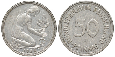 ФРГ 50 пфеннигов 1950 J KM 109, J. 384 медно-никель 4132-645