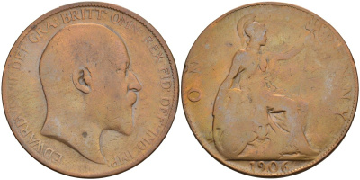 Великобритания 1 пенни 1906 Эдуард VII (1901-1910) KM 794.2, Sp 3990 бронза 115-1233