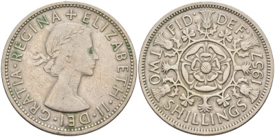 Великобритания 2 шиллинга (флорин) 1957 Елизавета II (1952-2022) KM 906, Spink 4146 медно-никель    4117-421