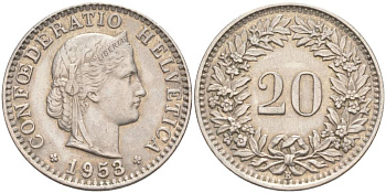 ШВЕЙЦАРИЯ 20 РАППЕНОВ 1953 В KM 29a медно-никель 55-731