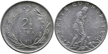 ТУРЦИЯ 2 1/2 ЛИРЫ 1972 KM 893.2 нержавеющая сталь 29-624