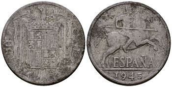 Испания 10 сентимо 1945 рыцарь на коне KM 766 алюминий 4176-456