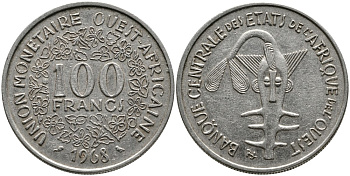 ВАЛЮТНЫЙ СОЮЗ СТРАН ЗАПАДНОЙ АФРИКИ 100 ФРАНКОВ 1968 ФЕДЕРАЦИЯ KM 4 никель 4538-311