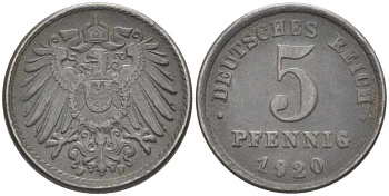 Германия 5 пфеннигов 1920 F KM 19, J. 297 железо 99-237