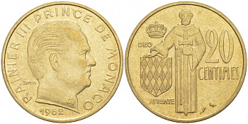 Монако 20 сантимов 1962 Ренье III (1949-2005) KM 143 алюминиевая бронза 73-165