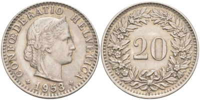ШВЕЙЦАРИЯ 20 РАППЕНОВ 1953 В KM 29a медно-никель 55-731
