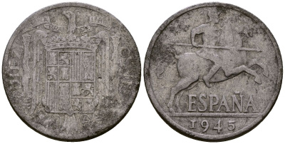 Испания 10 сентимо 1945 рыцарь на коне KM 766 алюминий 4176-456