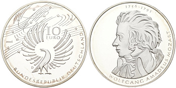 ФРГ 10 евро 2006 D, 250 лет со дня рождения Вольфганга Амадея Моцарта KM 248, DE.S. 10.29 серебро PROOF 01-345-31
