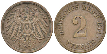 ГЕРМАНИЯ 2 ПФЕННИГА 1911 A KM 16, J. 11, Weege 4 медь 212-351