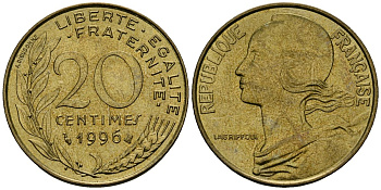 Франция 20 сантимов 1996 тип Marianne KM 930 медь алюминий никель 4135-642