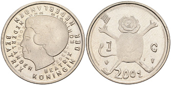 Нидерланды 1 гульден 2001 прощай гульден, детский рисунок, лев с флагом в руках KM 233 никель 4563-142