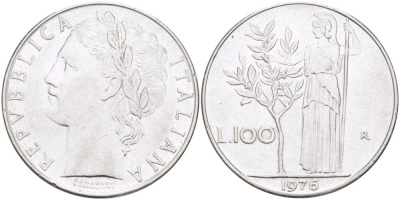 ИТАЛИЯ 100 ЛИР 1976 R, АФИНА KM 96.1 нержавеющая сталь 4526-331