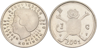 Нидерланды 1 гульден 2001 прощай гульден, детский рисунок, лев с флагом в руках KM 233 никель 4563-142