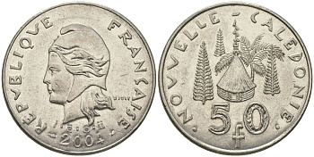Французская Новая Каледония 50 франков 2004 хижина среди сосен и пальм, (IEOM) KM 13, Schoen 15, Lec 121 никель 111-935