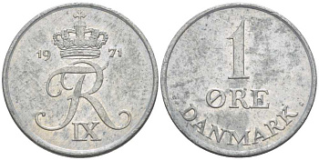 Дания 1 эре 1971 С; S, Фредерик IX (1947-1972) KM 839.2 цинк 4387-651
