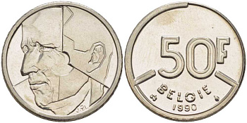 БЕЛЬГИЯ 50 ФРАНКОВ 1990 BELGIE, БОДУЭН I (1951-1993) KM 169 никель 4384-526