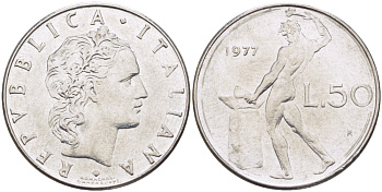ИТАЛИЯ 50 ЛИР 1977 R, КУЗНЕЦ KM 95.1 нержавеющая сталь 89-826