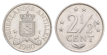 Нидерландские Антильские острова (Нидерландские Антилы) 2 1/2 цента 1980 Беатрикс (1980-2013) KM 9a алюминий UNC 4649-868