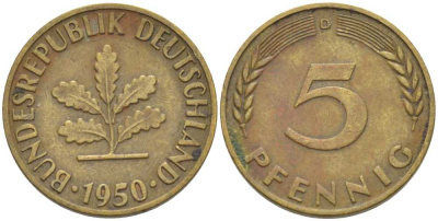 ФРГ 5 ПФЕННИГОВ 1950 D KM 107, J. 382 сталь плакированная латунью 66-757