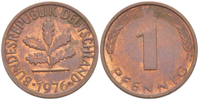 ФРГ 1 ПФЕННИГ 1976 F KM 105, J.380 сталь плакированная медью 66-642
