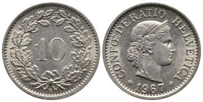 ШВЕЙЦАРИЯ 10 РАППЕНОВ 1967 В KM 27 медно-никель 75-1616