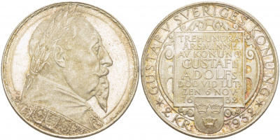 Швеция 2 кроны 1932 G, Густав V, 300 лет со дня смерти Густава II Адольфа KM 805 серебро 1515-1021