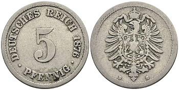 ГЕРМАНИЯ 5 ПФЕННИГОВ 1876 B, СТАРОГЕРБОВКА KM 3, Jager 3, Weege 5 медно-никель 4546-1041