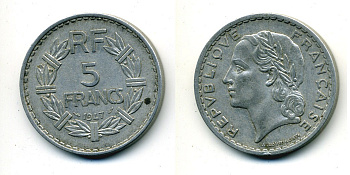 ФРАНЦИЯ 5 ФРАНКОВ 1947 OPEN 9 KM 888b.1 алюминий 84-645
