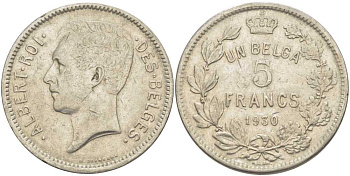 БЕЛЬГИЯ 5 ФРАНКОВ 1930 АЛЬБЕРТ I, DES BELGES KM 97.1 никель 3851-123