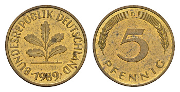 ФРГ 5 пфеннигов 1989 D KM 107, J. 382 сталь плакированная латунью 4630-446