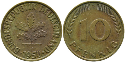ФРГ 10 ПФЕННИГОВ 1950 D KM 108, J.383 сталь плакированная латунью 98-356