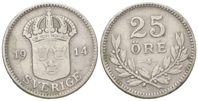 Швеция 25 эре 1914 W, Густав V (1907-1950) KM 785 серебро 44-751