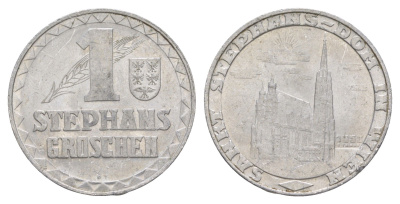Австрия 1 cтефангрош (Stephansgroschen) 1950 герб - Нижняя Австрия, Собор Святого Стефана в Вене, диаметр 27 мм, вес 2,48 гр алюминий 4171-314