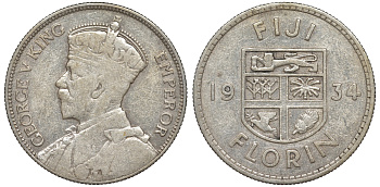 Фиджи 1 флорин 1934 Георг V (1910-1936), герб Фиджи KM 5 серебро    91-1115