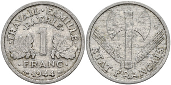 Франция 1 франк 1944 LB, тип Lourde, правительство Виши KM 902.1 алюминий 4142-941