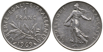 ФРАНЦИЯ 1 ФРАНК 1969 СЕЯТЕЛЬ KM 925.1 никель 56-1252